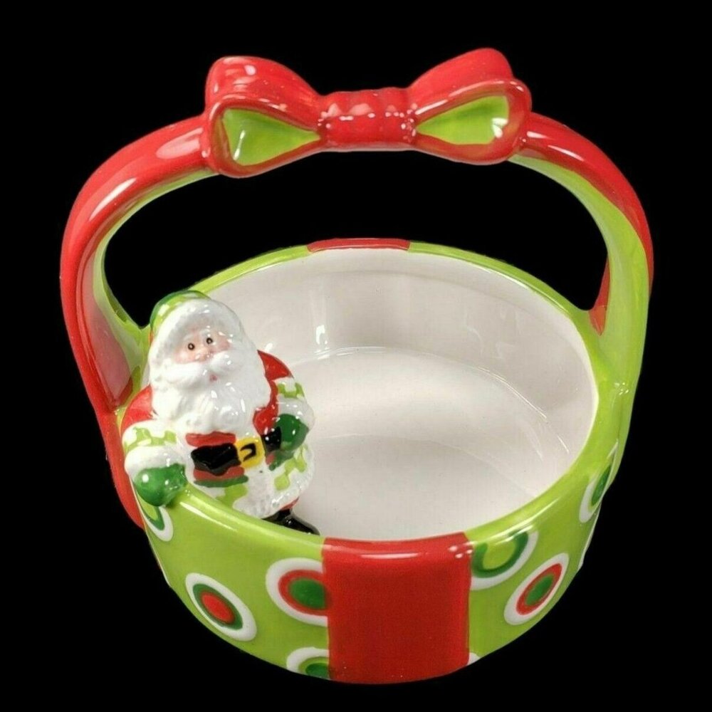 Fitz‎ and Floyd Basket Bowl Holiday Cheer Handle Cookie Candy Dish With Santa